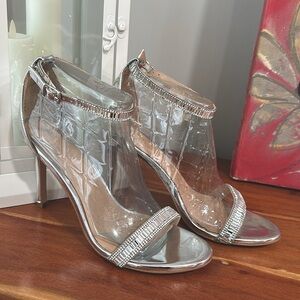 Aldo womens silver patent rhinestone ankle strap heels Size 10